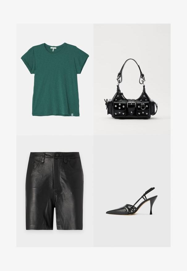 rag & bone THE SLUB - T-shirt basic - green; Pantaloni corti in pelle nera con una trama liscia, dotati di zip frontale, chiusura a bottone e classico design a cinque tasche.; Scarpa nera in pelle con tacco alto, design slingback e punta affusolata, con una fascia incrociata e un tacco sottile a stiletto. Texture liscia e accenti minimi.; Borsa a mano in pelle nera con design curvo, caratterizzata da borchie argentate, una fibbia e due tasche laterali. Tracolla regolabile per diverse opzioni di trasporto.