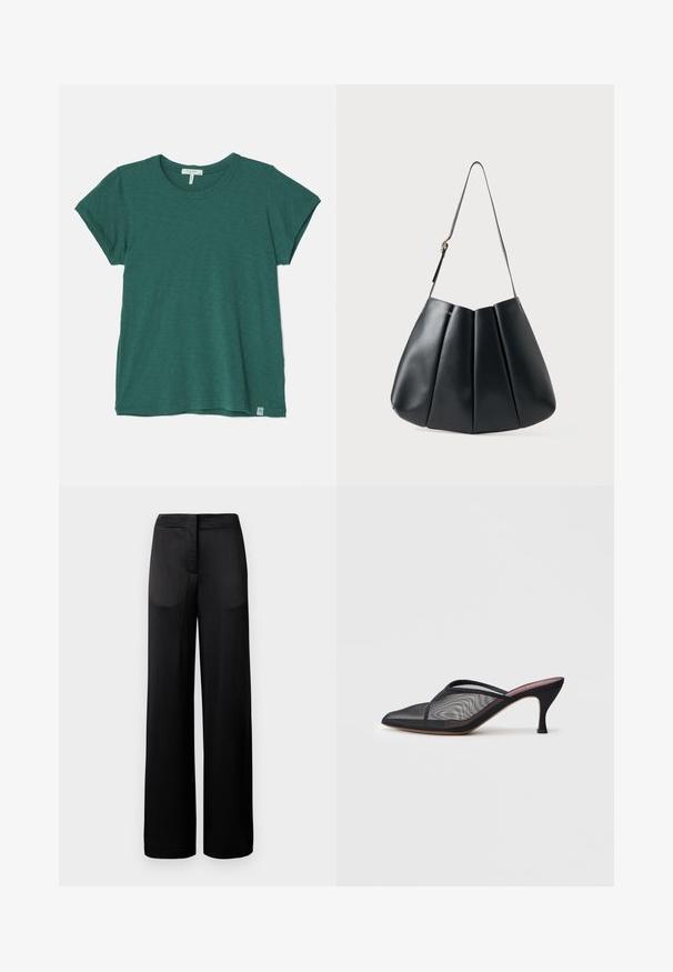 rag & bone THE SLUB - T-Shirt basic - green; Schwarze weit geschnittene Hose mit strukturierter Oberfläche, ausgestattet mit einem flachen Bund und zwei Seitentaschen. Der Stoff wirkt leicht und fließend.; Schwarzes Netz-Mule mit spitzem Zehenbereich, dünnen Riemen und 7,5 cm hochhackigem Stiletto-Absatz. Verfügt über eine durchsichtige Textur und eine einfarbige Sohle.; Schwarze Leder-Umhängetasche mit plissierter Gestaltung, glatter Textur, einem einzelnen Tragegurt und einem dezenten goldenen Hardware-Akzent.