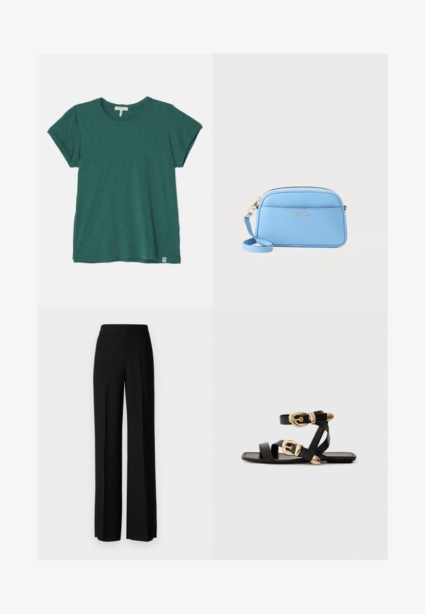 rag & bone THE SLUB - Basic T-shirt - green; Black wide-leg trousers with a smooth texture, featuring a high waistband and center pleats. No visible patterns or hardware details.; Black leather sandals with gold buckle accents, featuring multiple straps and a flat sole design for open-toe wear.; Light blue leather crossbody bag with gold-tone hardware, zip closure, and a front pocket. Features an adjustable strap for convenience.