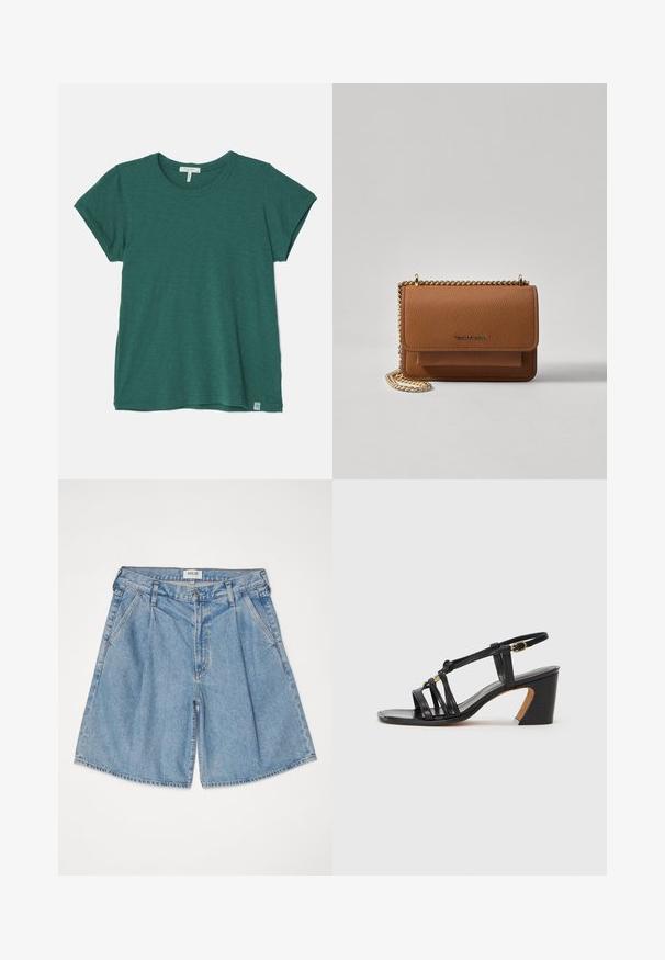 rag & bone THE SLUB - Lihtne T-särk - green; Heledad helesinise denimi lühikesed püksid, mugava lõikega, kõrge vöökohaga, küljetaskutega ja nööbiga kinnitusega. Kogu ulatuses on pleekinud tekstuur.; Paul Smith AMIRA - Klassikalised kontsakingad - black; Pruun tekstureeritud nahk ristkeha kott kuldse ahelaga rihmaga ja klapiga sulgemine. Esiküljel on logo detail ja tasku klapi all.