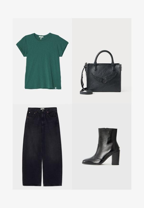 rag & bone THE SLUB - T-Shirt basic - green; Schwarze Jeans mit weitem Bein aus Denim, mit kupferfarbenen Knöpfen, zwei Fronttaschen und einer glatten Textur. Sauberes Design mit geradem Schnitt.; Schwarze Leder-Stiefelette mit glatter Textur, spitzem Fuß und klobigem hohen Absatz. Verfügt über eine seitliche Öffnung und ein minimalistisches Design.; Schwarze Ledertasche mit Flügeldesign-Akzent. Verfügt über zwei runde Griffe und einen abnehmbaren Schultergurt. Texturierte Oberfläche. Kompakte Form.