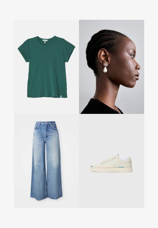 rag & bone THE SLUB - T-paita - green; Vaaleansiniset leveälahkeiset farkut, joissa on korkea vyötärö, viisi taskua, kulunut pesu ja revitty helma.; Valkoinen matala tennari nauhalla, valkoisella sisävuorella ja huomaamattomalla monivärisellä koristelulla kengän pohjan reunassa, sivuprofiili.; Tory Burch STAR DROP EARRING - Korvakorut - silver-coloured