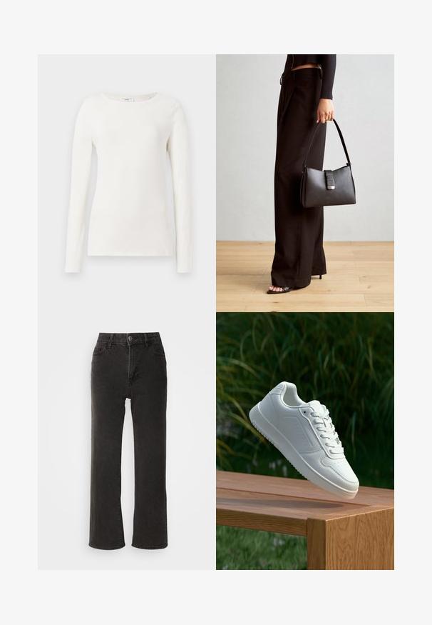 Duga bijela pamučna košulja s okruglim izrezom, glatke teksture i prilagođenog kroja. Nema vidljivih uzoraka ili akcenta.; Crne široke traperice, izrađene od denima, s prednjim zatvaranjem na dugme, petljicama za pojas i pet džepova, s malo izblijedjelim dezenom.; Bijela tenisica sa glatkim sintetičkim gornjim dijelom, perforiranim prednjim dijelom, ravnim vezicama i teksturiranom potplatom, prikazana na drvenoj površini.; Crna torba s oblikom koji sadrži strukturu, glađu teksturu i metalnu kopču. Uparena s širokim crnim hlačama i sandalama na otvorenom s drvenog poda.