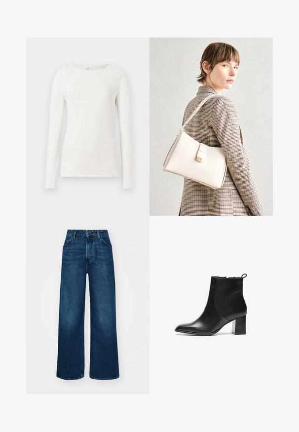 Long-sleeve white cotton shirt with a round neckline, smooth texture, and fitted silhouette. No visible patterns or accents.; High-waisted, wide-leg jeans in dark blue denim with a smooth texture, contrast stitching, and five-pocket design. Front button closure.; Black leather ankle boot with a rounded toe, a mid-height block heel, and a pull tab at the back. Smooth texture, minimal design.; White leather handbag with a structured design, featuring a magnetic clasp and a shoulder strap, showcased against a neutral background.