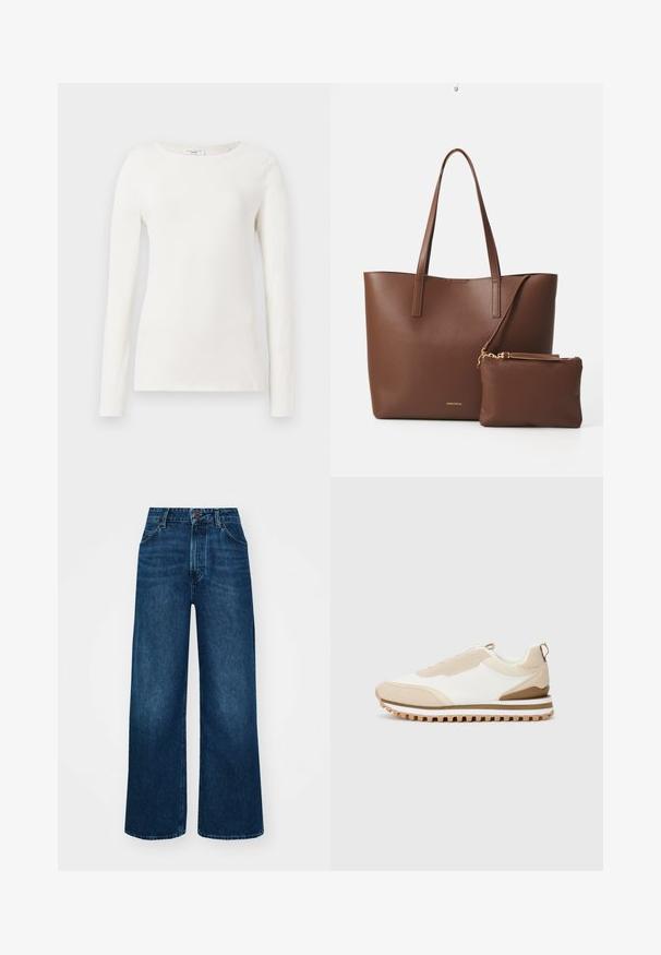 Bela bombažna srajca z dolgimi rokavi in okroglim izrezom, gladka tekstura in prilegajoča se silhueta. Brez vidnih vzorcev ali poudarkov.; Hlače z visokim pasom in širokimi nogavicami iz temno modrega denima z gladko teksturo, kontrastnim šivanjem in zasnovo s petimi žepi. Sprednje zapiranje na gumb.; Bež in bela nizka tenisica z teksturirano podplatom in zankico na peti, prikazana na enobarvni svetli podlagi, stranski pogled.; Rjava torba iz umetnega usnja z dvema dolgima ročajema in ujemajočo se majhno torbico. Površina ima teksturiran vzorec in zlate kovinske dodatke.