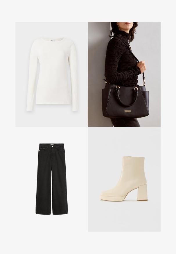 Langärmliges weißes Baumwollhemd mit rundem Halsausschnitt, glatter Textur und taillierter Silhouette. Keine sichtbaren Muster oder Akzente.; Schwarz denim Weitbein-Hose mit hoher Taille. Verfügt über fünf Taschen, Metallbeschläge und eine saubere Verarbeitung. Die Textur ist glatt und weich.; Beige Leder-Stiefelette mit Blockabsatz und Plateau-Sohle, glatte Oberfläche und leicht quadratische Zehenpartie, nach links auf weißem Hintergrund.; Schwarze Handtasche mit strukturierten Oberflächen, doppelten Obergriffen und verstellbarem Schultergurt. Mit goldfarbener Hardware und Seitentaschen.