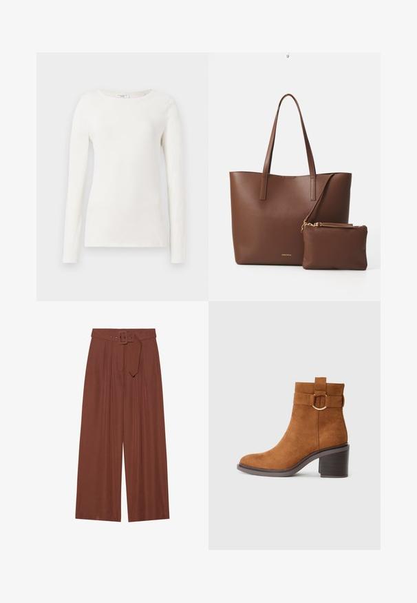 Cămașă din bumbac albă cu mânecă lungă, guler rotund, textură fină și siluetă ajustată. Fără modele sau accente vizibile.; Pantaloni evazați din țesătură maro, prevăzuți cu un curea cu cataramă pătrată, design pliat și textură netedă.; Botine din suede maro, cu vârf rotunjit, toc bloc și o curea decorativă cu detaliu în formă de cataramă circulară.; Geantă tote din piele ecologică maro, cu două mânere lungi și un sacou mic asortat. Suprafața are un model texturat și accente din metal de culoare aurie.