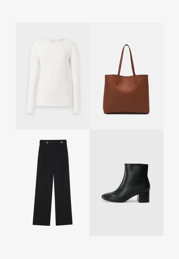 Cămașă din bumbac albă cu mânecă lungă, guler rotund, textură fină și siluetă ajustată. Fără modele sau accente vizibile.; Pantaloni negri cu picioare largi, talie înaltă, detalii cu butoane pe talie și pliseuri în față.; Cizme negre din piele până la gleznă, cu vârf ascuțit și toc robust. Textură netedă, cu accente minime și un design elegant, ajustat.; Geantă de umăr din piele maro cu o textură netedă, design cu vârf deschis și două curele pentru umăr. Prezintă cusături minime și fără componente metalice vizibile.