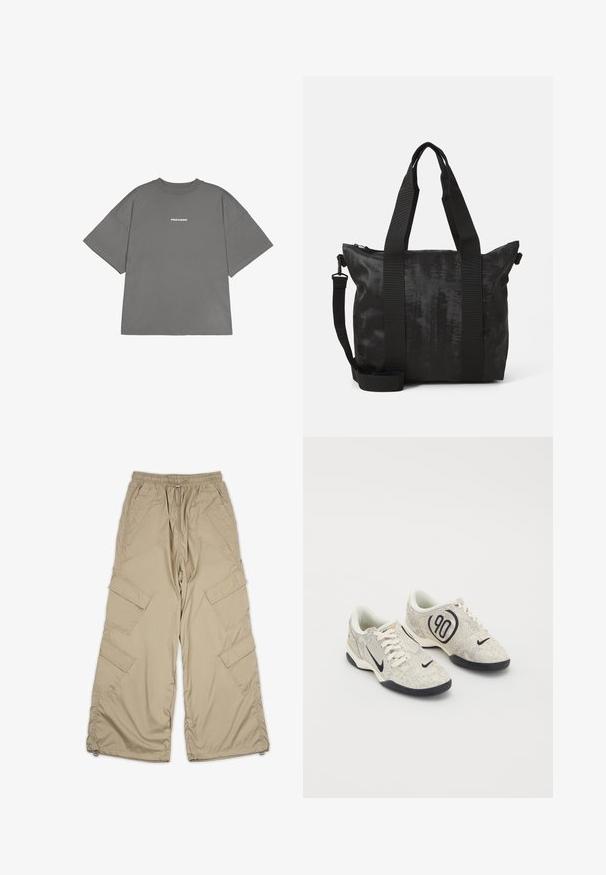 Pilkas per didelis t-shirt, pagamintas iš medvilnės, turi trumpas rankoves ir apvalią iškirptę. Priekinėje pusėje yra užrašas "PEGADOR" baltos spalvos.; Šviesiai rudos spalvos krovinių kelnės su raišteliu juosmens srityje, keliais šoninės kišenės ir laisvas siluetas. Pagamintos iš lengvos, lygios medžiagos su siuvimo detalėmis.; Nike kedai su bėgiu su smėline ir pilka tekstūruota viršutine dalimi, juodais akcentais, dideliu "90" logotipu ir balta raištelių užsegimu. Juodas padas.; Juodas pirkinių krepšys su tekstūruotu audiniu, dviem viršutinėmis rankenomis ir nuimamu petiniu diržu. Yra užtrauktuku uždaroma kišenė saugiam daiktų laikymui.