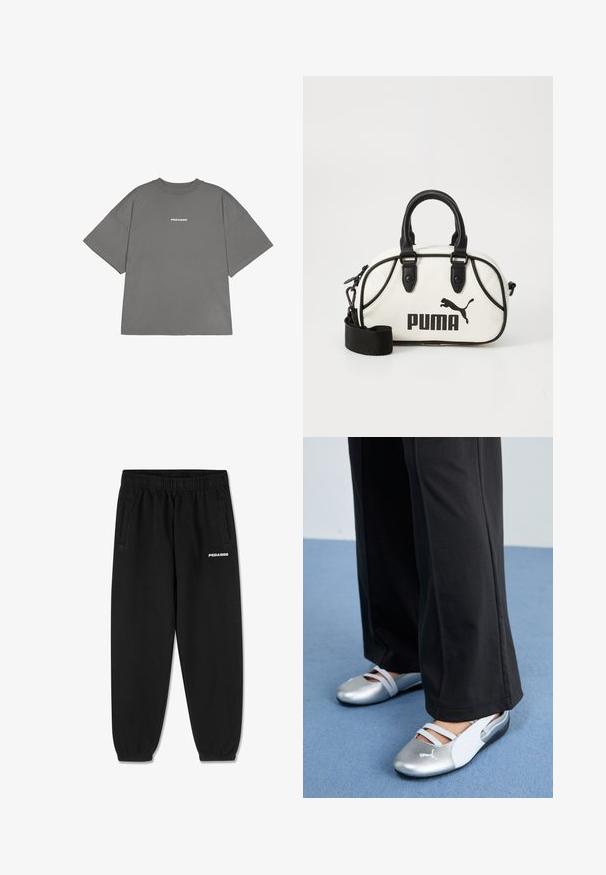 Grå oversized t-shirt i bomull, med korta ärmar och rund halsringning. Framsidan visar texten "PEGADOR" i vitt.; Svarta sweatpants i mjukt tyg, med dragsko i midjan, tapered ben och sidofickor. "PEGADOR"-logga i vitt på framsidan.; Silver- och vita platta skor med korsade remmar och texturerad detalj, kompletterat med lösa svarta byxor. Ställt mot ett blått golv.; Vit handväska med svarta detaljer, prydd med en Puma-logotyp. Korta, rundade handtag och en avtagbar rem, tillverkad av strukturerat syntetmaterial.