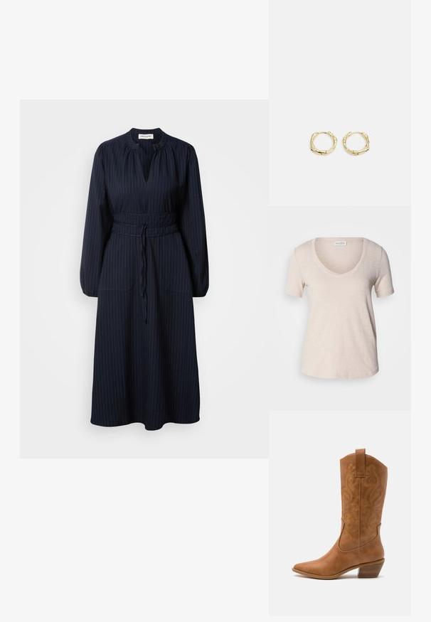 Trumpas rankovėmis V formos marškinėliai šviesiai béžinės spalvos, pagaminti iš minkštos, tekstūruotos medžiagos. Šiek tiek laisvas siluetas su glotnia apatine dalimi. Matomas Marc O'Polo ženklas.; Tamsiai mėlyna suknelė su vertikaliomis juostelėmis, ilgomis rankovėmis, klostuotu iškirpimu ir dirželiu per liemenį. turi dvi priekines kišenes.; Ruda odinė kantri batai su smailiu būtų pirštu, siuvinėtais spiralės raštais ant viršaus ir su kamščiu blokuotu kulnu. Yra tamprių užtraukių, kad būtų lengviau užsidėti.; Juoda odinė rankinė su plačiu atviru viršumi ir vienu petnešėlio dirželiu. Minkšta tekstūra, minimalistinis dizainas, subtilūs metaliniai akcentai.; Aukso žiedo auskarai su tekstūruotu, netaisyklingu paviršiumi. Yra be siūlių užsegimas ir poliruotas paviršius, akcentuojantis modernų dizainą.