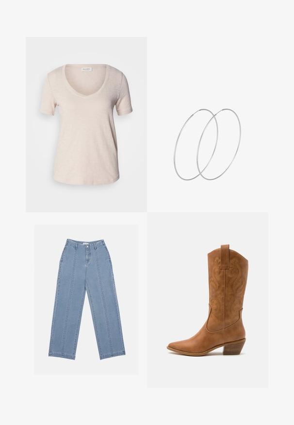 Kratka majica s kratkimi rokavi v svetlo bež barvi, izdelana iz mehke, teksturirane tkanine. Malo ohlapnejša prileganje z gladkim robom. Oznaka Marc O'Polo je vidna.; Svetlo modri široki traper hlače. Imajo visoko pasico, zaponko na gumb in vidne šive. Na sprednji strani niso vidni žepi.; Rjavi usnjeni kauboj čevlji s koničastim nosom, vezenimi vijugastimi vzorci na zgornjem delu in zloženim kvadratnim peto. Imajo zanko za enostavno obuvanje.; Srebrne uhane v obliki obroča z minimalističnim dizajnom. Krožna oblika, gladka tekstura in tanek profil. Lahki s poliranim zaključkom.