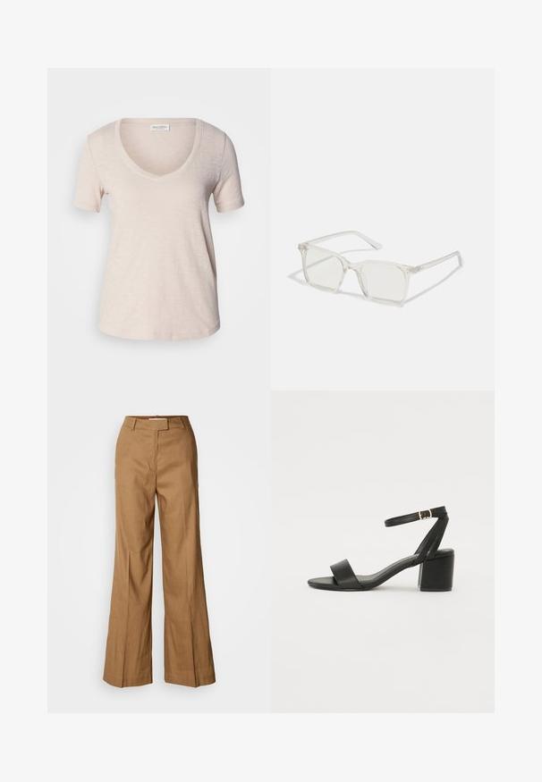 Rövid ujjú, V nyakú póló világos bézs színben, puha, texturált anyagból készült. Enyhén laza szabás, sima aljjal. Marc O'Polo címke látható.; Barna, széles szárú nadrág könnyű anyagból. Jellemzője a sima elülső rész, övhurkok és az alakra szabott sziluett, boka hosszúságú kivitelben.; Fekete magassarkú szandál sima bőr felső résszel, nyitott orral, széles elülső pántokkal és állítható bokapánttal, arany csat részlettel.; Átlátszó műanyag négyzet alakú szemüveg, áttetsző lencsékkel, arany díszítéssel a szárakon a fokozott részletekért.