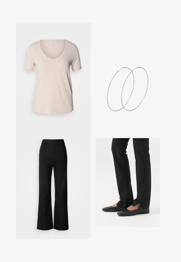 Kratka majica s kratkimi rokavi v svetlo bež barvi, izdelana iz mehke, teksturirane tkanine. Malo ohlapnejša prileganje z gladkim robom. Oznaka Marc O'Polo je vidna.; Črne široke hlače z gladko teksturo, visokim pasom in čistim dizajnom. Brez vidnih žepov ali okrasnih elementov.; Črne usnjene balerinke s koničastim nosom, trak z srebrno zaponko, v kombinaciji s črnimi elegantnimi hlačami z razporkom na robu.; Srebrne uhane v obliki obroča z minimalističnim dizajnom. Krožna oblika, gladka tekstura in tanek profil. Lahki s poliranim zaključkom.