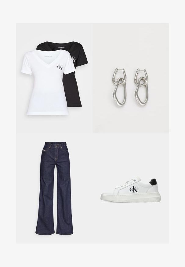 Divi V veida T-krekli melnā un baltā krāsā. Abi ir izgatavoti no mīksta kokvilnas auduma, ar īsām piedurknēm un mazu "CK" logo uz krūšu daļas.; Tumši zili platleņķa džinsi no denima auduma ar augstu jostasvietu, ar oranžām šuvēm, piecu kabatu dizainu un pogu aizdari.; Baltā zema topa sporta apavas ar melnu papēža cilni, platformas zoli, auklēm un Calvin Klein "CK" logo sānos.; Calvin Klein STATEMENT LINKS - Auskari - silver-coloured