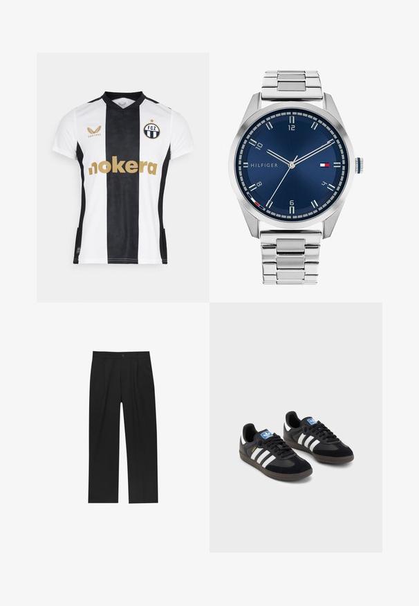 FC Zürich voetbalshirt met een zwart-wit gestreept ontwerp, voorzien van een v-halskraag, een gouden logo en textuuraccenten in de stof.; Zwarte broeken met een recht model, gemaakt van een gladde stof. Voorzien van een voorplooien en een enkele knoopsluiting bij de taille.; Zwarte sneakers met een bovenwerk van suède en synthetisch materiaal, voorzien van drie witte strepen, een gestructureerde rubberen zool en een blauw logo-label op de tong.; Zilveren metalen horloge met een geborstelde blauwe wijzerplaat, witte uurmarkeringen en een datumweergave. Voorzien van een geschakelde metalen band en het logo van het merk.; Vijf zilveren ringen: één met een zwart ronde detail, één met een wit en zwart geometrisch patroon, en de andere met verschillende vormen en afwerkingen.