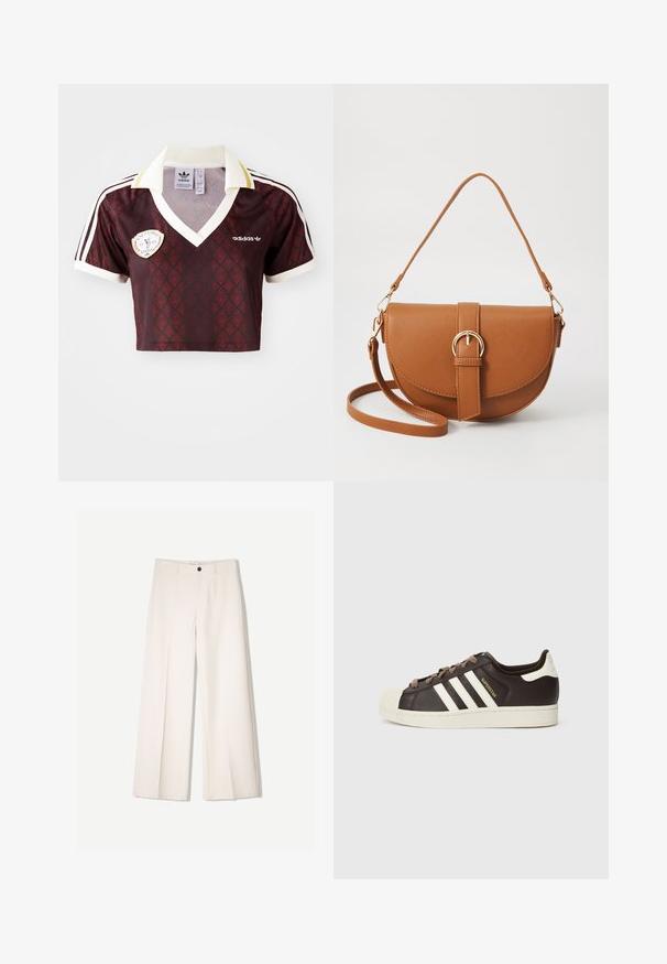 Rövidített bordó sporting, ismétlődő mintával, fehér gallérral és három fehér csíkkal a ujjakon. Adidas logóval és emblémával rendelkezik.; Tejbézs széles lábú nadrág, szabott kialakítással, két elülső zsebbel és egyetlen elülső gombos záródással, sima anyagból készült.; Sötétbarna bőr alacsony szárú Adidas Superstar sportcipő krémszínű kagyló orral, fehér csíkokkal és "Superstar" felirattal az oldalon.; Barna bőr keresztbody táska ívelt formával, aranyszínű fémrészekkel és csat díszítéssel. Levehető vállpánttal rendelkezik.