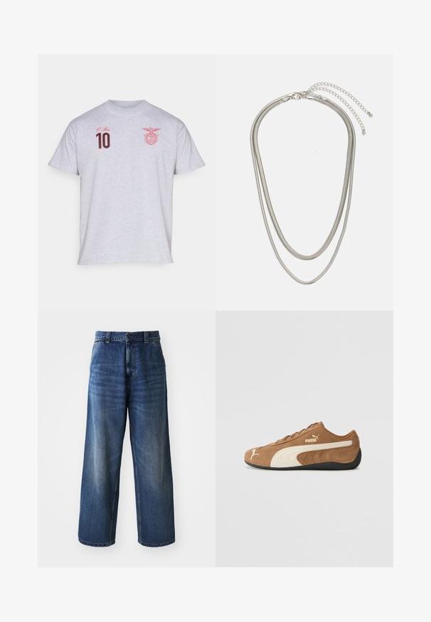Gray cotton t-shirt featuring red embroidered text "O Rei" and the number "10," alongside a red emblem on the left chest area.; High-waisted blue denim jeans with a wide-leg design, featuring subtle fading, front pockets, and a button closure at the waist.; Brown suede low-top sneaker with cream accents, textured surface, black rubber sole, and embroidered logo on the side and tongue.; Three-layered silver metal necklace featuring sleek, flexible chains with a slight sheen, secured with a lobster clasp and adjustable chain.