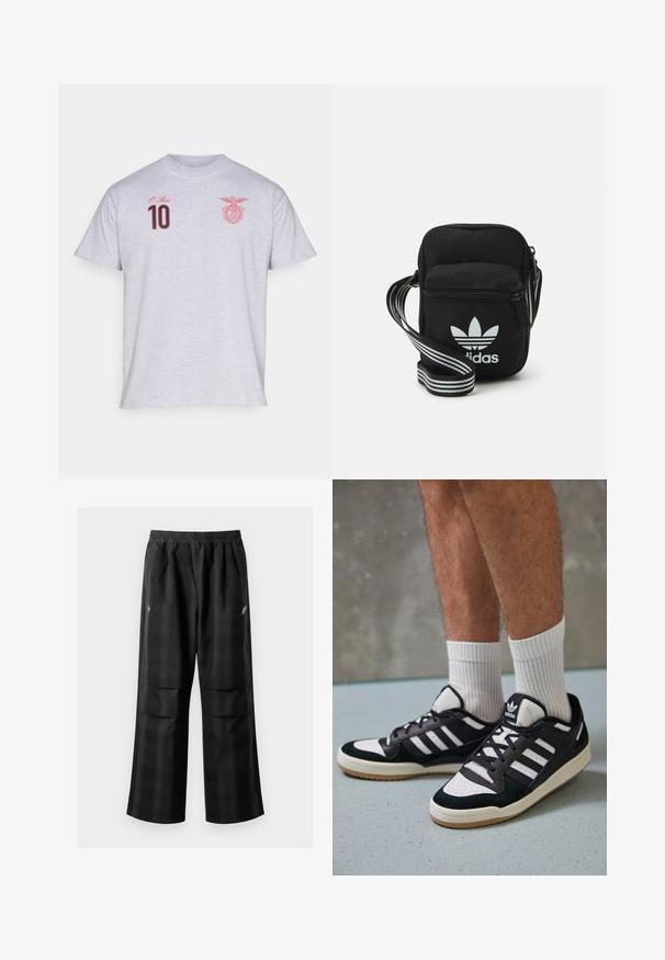 Grå bomulls T-skjorte med rød brodert tekst "O Rei" og nummer "10," samt et rødt emblem på venstre brystområde.; Svarte rutete bukser med elastisk midje, to frontlommer og løs passform med rett ben-design. Laget av lett materiale.; Sorte og hvite sneakers med overdel i semsket skinn og lær, med tre hvite striper, perforert tå og en såle av gummi.; Svart stoff crossbody veske med glidelås, med en hvit Adidas-logo og enstripet justerbar stropp for enkel bæring.