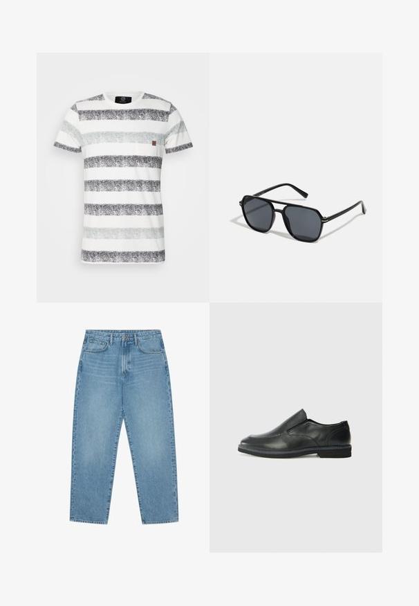 Cotton T-shirt featuring horizontal stripes in black, gray, and light gray. Includes a small chest pocket and a rounded neckline.; Light blue denim wide-leg jeans with a high waist, featuring five pockets, belt loops, and a soft, slightly faded texture.; Black leather slip-on shoe with a smooth upper, stitched accents, rounded toe, and a low rubber heel. Sole features minimal tread.; Black sunglases with octagonal frame, dark lenses, glossy finish, thin temples, and gold accents on the front.