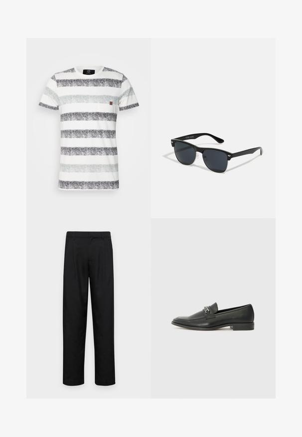 Medvilninė marškinėlių palaidinė su horizontaliosiomis juostelėmis juodos, pilkos ir šviesiai pilkos spalvų. Įtrauktas mažas krūtinės kišenė ir apvalus iškirpimas.; Juodi kelnių modeliai, pagaminti iš lygios medžiagos, turi tiesią kojas, du priekiniai klostės ir standartinę juosmenį su diržo kilpomis.; Juodos odinės loafer tipo bateliai su lygiu paviršiumi, turintys siuvinėtą dizainą ir dekoratyvų metalo grandinėlės akcentą ant batų viršaus. Plokščias kulnas.; Juodos saulės akinių su stačiakampiu rėmeliu, tamsiais lęšiais, sidabrinėmis detalėmis šventrajose ir matinio paviršiaus rėmeliu.