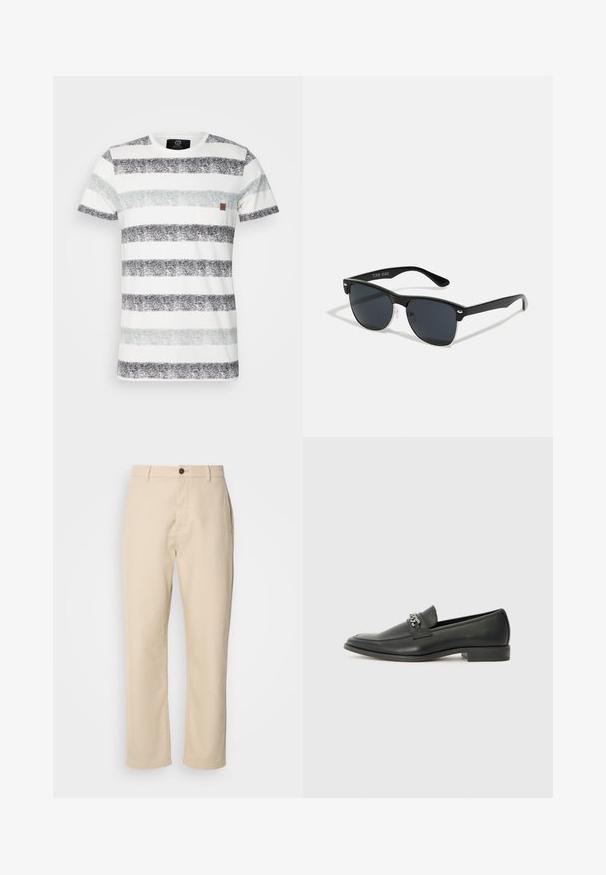 T-shirt de algodão com riscas horizontais em preto, cinza e cinza claro. Inclui um pequeno bolso no peito e um decote arredondado.; Calças de algodão bege com pernas retas, fecho frontal com botão, bolsos laterais e uma textura suave. Design minimalista, sem padrões visíveis.; Sapatilha de couro preta com um acabamento suave, apresentando um design cosido e um detalhe decorativo de corrente de metal atravessando o peito do pé. Salto baixo.; Óculos de sol pretos com forma retangular, lentes escuras, detalhes em prata nas hastes e um acabamento mate na armação.