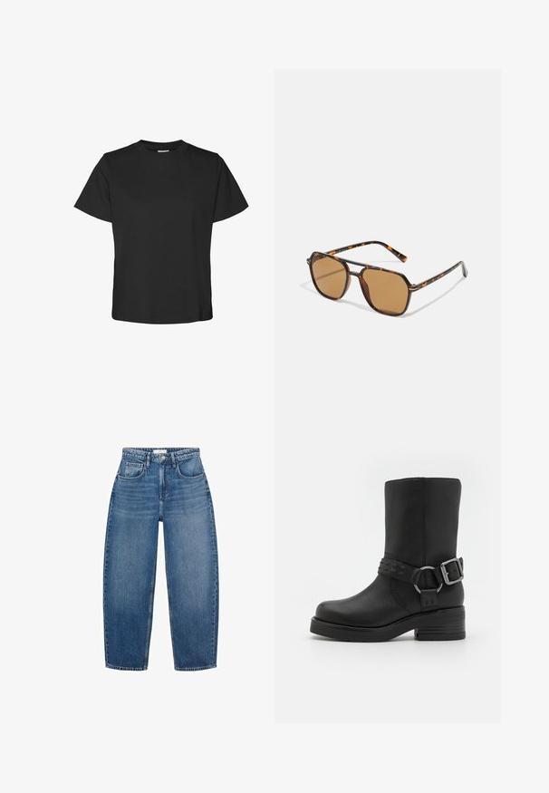 Černé tričko s krátkým rukávem vyrobené z bavlny. Má kulatý výstřih a rovný spodní lem s volným střihem. Měkká textura, bez vzorů nebo akcentů.; Džíny z modré denimu s vysokým pasem a rovnými nohavicemi, vybavené pěti kapsami, poutky na opasek a jemným vyblednutím pro přidanou texturu.; Černý kožený kotníkový bot s kulatou špičkou, silným podpatkem a dekorativním šněrováním kolem kotníku. Texturovaný povrch.; Sluneční brýle s hnědým nádechem, želvovinovým rámem, obdélníkovými skly a štíhlými stranami s oranžovým akcentovým vzorem.; Černá tkaná kožená kabelka s křivkovým tvarem, vybavená silnou rukojetí a zipovým zavíráním. Texturovaný povrch s lesklým finišem.
