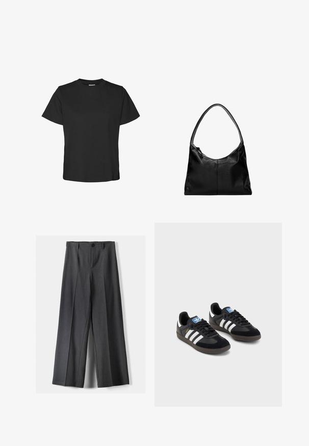 Crna kratka majica s kratkim rukavima od pamuka. Ima okrugli izrez i ravni rub s opuštenim krojem. Mekana tekstura, bez uzoraka ili akcenata.; Hlače širokih nogavica od tamnosive tkanine, s kopčanjem na gumb, prednjim plisiranjima i petljama za remen. Glatka tekstura s krojem.; Crne tenisice s gornjim dijelom od antilopa i sintetičkog materijala, s tri bijele pruge, teksturiranom gumenom potplatom i plavom oznakom na jeziku.; Crna kožna torba za rame s glatkom teksturom, zakrivljenim vrhom i jednim remenom. Ima zatvaranje na patentni zatvarač i minimalistički dizajn.