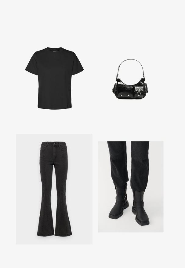 Mustat lyhyet hihattomat T-paidat, jotka on valmistettu puuvillasta. Ominaisuudet pyöreä kaula-aukko ja suora helma rentoa istuvuutta varten. Pehmeä tekstuuri, ilman kuvioita tai yksityiskohtia.; Mustat denim-flares-housut, joissa on korkea vyötärö. Sivusaumat ja siisti viimeistely helmassa. Kangas on sileä ja siinä on hieman venyvyyttä.; Mustat nahkasaappaat nilkkamittaisilla neliön muotoisilla varpailla, joissa on leveä hihna ja metallinen solkiyksityiskohta. Saappaat ovat paksupohjaiset ja niiden pinta on sileä.; Mustekko mustasta kiiltonahasta valmistettu käsilaukku, jossa on kaareva muoto, yksi olkahihna, etutaskut ja hopeanväriset yksityiskohdat.