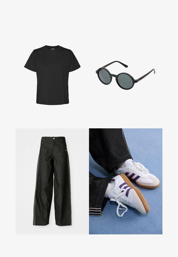 Camiseta negra de manga corta hecha de algodón. Presenta un cuello redondo y un dobladillo recto con un ajuste relajado. Textura suave, sin patrones ni acentos.; Pantalones anchos de mezclilla negra con rayas laterales blancas, que cuentan con bolsillos delanteros, una bragueta con botones y un logo sutil cerca de la cintura.; Zapatillas deportivas blancas con rayas moradas y suelas de goma marrón, con cordones redondos y un cuello acolchado. Llevadas con pantalones de mezclilla oscuros.; Gafas de sol redondas con montura de plástico negro y lentes gris oscuro. Presentan varillas delgadas y rectas con acentos minimalistas.