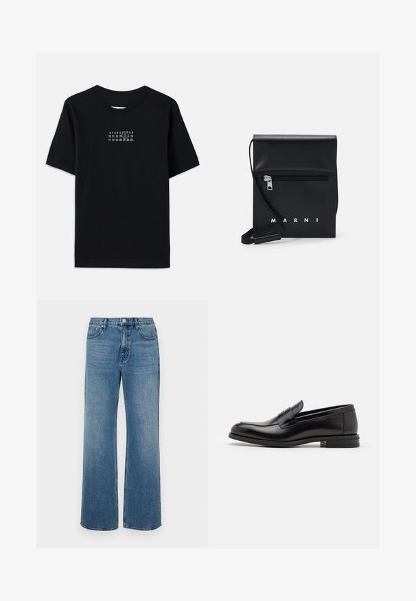 Črna bombažna majica s kratkimi rokavi in okroglo ovratnikom. Ima bel numeričen tisk s stilizirano '6' čez prsi.; Modri široki jeans iz denima z izbledelim zaključkom. Imajo pet žepov, sprednje zapiranje na gumb in ravno krojenje.; Črne usnjene loafer čevlje z gladko teksturo, zaobljenim nosom in dekorativnim trakom čez zgornji del. Nizka zložena peta, minimalističen dizajn.; Črna usnjena torbica preko telesa z zadrgo na sprednjem žepu, embosiranim logotipom in nastavljivim trakom. Gladka tekstura z urejeno obliko.
