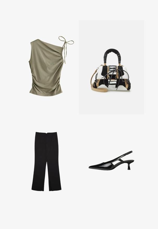 Next SOFT TOUCH RUCHED SLEEVELESS - Linne - olive green; Svarta byxor med rak passform, utrustade med framfickor och sidoklyvningar vid fållen. Tillverkade av mjukt, slätt tyg. Lämpliga för olika tillfällen.; Svart lackläder slingback-klackar med spetsig tå, utskuren sidor och en liten fyrkantig klack. Slät textur med minimala accenter.; Flerfärgad handväska med svart, vitt och beige nät. Har ett texturerat handtag, snördesign och avtagbar axelrem.