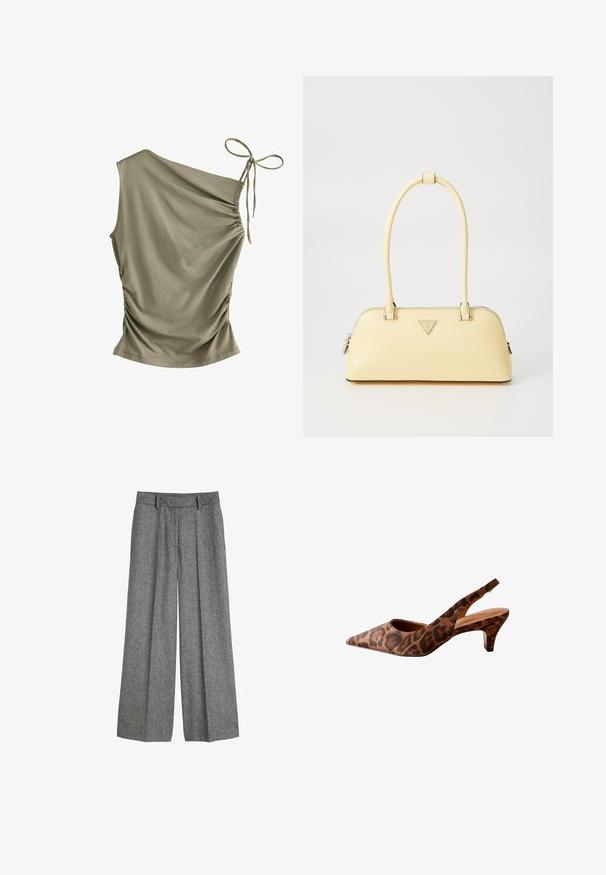 Next SOFT TOUCH RUCHED SLEEVELESS - Viršus - olive green; Pilkos vilnonės plačios kelnės su diržo kilpomis ir priekinėmis klostėmis, suprojektuotos komfortiškam, pritaikytam vaizdui.; Leopardo raštas slingback aukštakulniai bateliai su smailiu priekiu, mažu kulnu ir lygiu paviršiumi. Yra išpjovos dizainas šonuose ir gale.; Geltonas patentinės odos rankinė su apvalia forma, viena viršutinė rankena ir sidabro logotipu. Turinti užtrauktuko uždarymą ir glotnų paviršių.