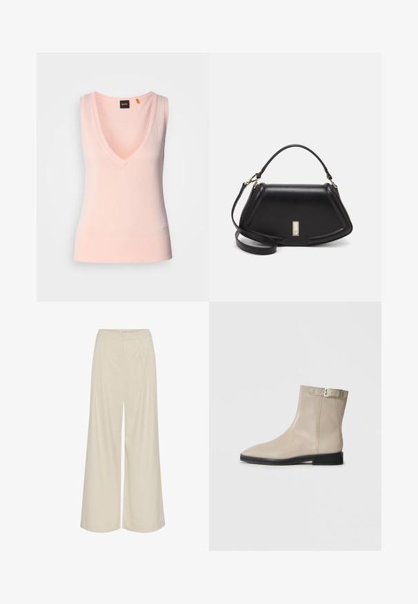 Helede roosa sansleeve särk, sügava V-kaelusega, soonikserv ja sile tekstuur, madalama vasaku nurga peal pealt tikandiga logo.; Laia jalad kerge beeži kangaga, millel on voldid, kõrge vöökoht ja sile tekstuur ilma nähtavate kaunistusteta.; Beesibjalge nahkse ankle boot, millel on terav nina, must tald, madal konts ja kuldne pandlapael välimisel küljel, esitatud valgel taustal.; Must mustrist käekott, millel on struktureeritud disain, lühendatud kuju, ülemine käepide ja kuldne metallist detail. Reguleeritav õlalihm on kaasas.