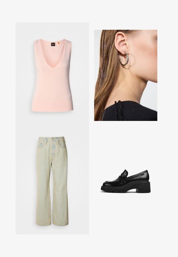 Helede roosa sansleeve särk, sügava V-kaelusega, soonikserv ja sile tekstuur, madalama vasaku nurga peal pealt tikandiga logo.; Heledad sinine laiad teksad, mis on valmistatud denimist, kõrge vöökoht, viis taskut ja kerge kulumine koos kontrastsetest õmblustest rõhutustega.; Must musta jalgadega must nahast lohvik, paksu tallaga ja rihmaga ülevalt, kujutatud külgvaates valgel taustal.; Hõbedane rõngas kõrvarõngas poleeritud viimistlusega, millel on väikesed kuldsed aktsendid ja ümmargune kuju, kantud lobus.