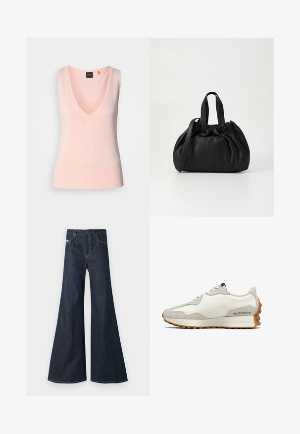 Sweater sem mangas de cor rosa claro, com um decote em V profundo, bainha canelada, textura suave e logótipo bordado no canto inferior esquerdo.; Jeans de lavagem azul-escura, com corte flare, feitos de denim, apresentando uma cintura alta, detalhes em costura dourada e dois bolsos frontais com fecho de botão.; Sapatilha branca e bege com parte superior de couro liso, detalhes em camurça, bico arredondado e sola de borracha texturizada. Nome da marca impresso na lateral.; Bolsa de couro preta com um design de topo franzido, apresentando duas alças curtas e uma alça longa ajustável. Textura suave, formato arredondado.