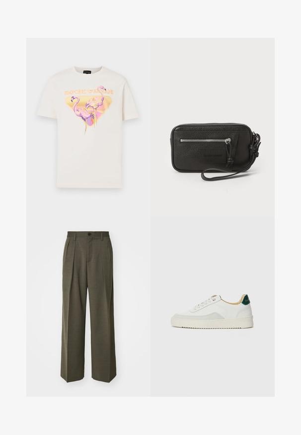 Jasny beżowy t-shirt z graficznym wzorem przedstawiającym dwie różowe flamingi w żółtej trójkątnej ramce, z napisem "EMPORIO ARMANI" powyżej.; Filippa K - Spodnie materiałowe; Białe trampki z zamszowymi akcentami, zaokrąglony czubek, płaskie sznurowadła i kremowa gumowa podeszwa. Posiadają zielone logo na pięcie.; Czarna skórzana kopertówka o teksturowanej powierzchni, z przednią kieszenią na zamek błyskawiczny i odpinanym uchwytem na nadgarstek. Posiada naszywkę z logo z przodu. Prostokątny kształt.