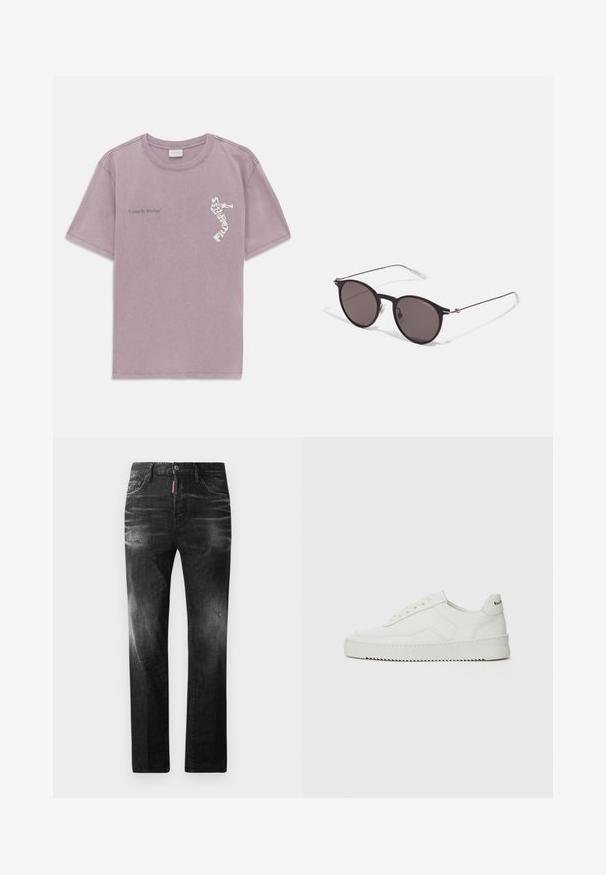 Levandulové tričko s krátkým rukávem s nápisem "Spojeni rytmem" na levém prsu a grafikou trumpetisty vyrobenou z textu "FILMAŘ" na pravém prsu.; Černé džíny z denimu se rovnými nohavicemi. Obsahují vybledlé oblasti, drobné poškození, klasický pětikapsový design a zapínání na knoflík.; Bílé kožené tenisky s hladkým povrchem, kulatou špičkou, plochými tkaničkami a texturovanou podrážkou. Na patě se nachází nenápadné logo.; Černé kulaté sluneční brýle s tmavými skly a tenkými kovovými nohami. Obsahují průhledné koncovky nožiček a stříbrné akcenty na pantu. Minimalistický design.