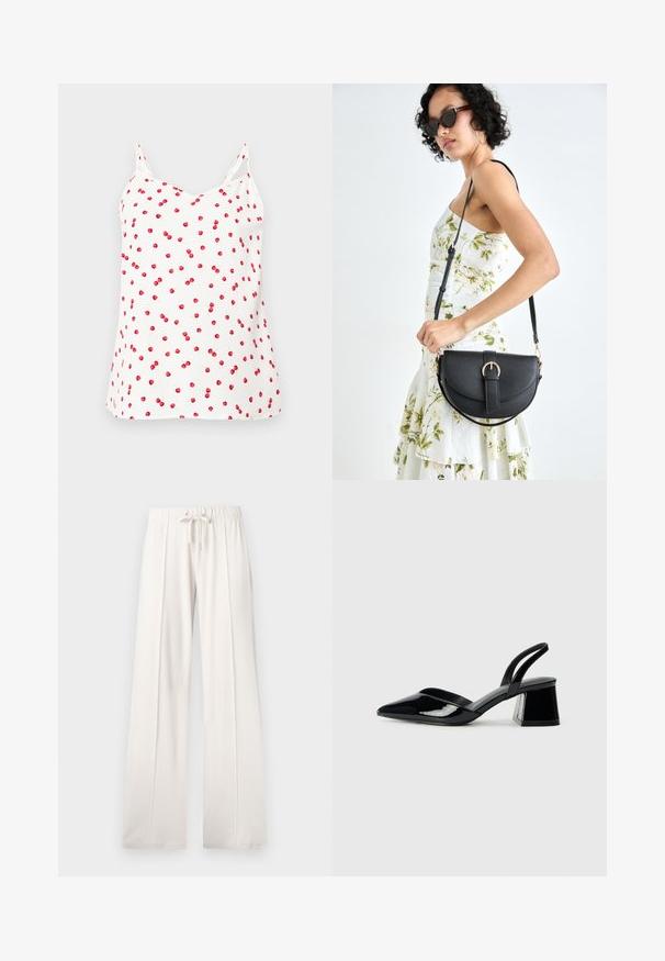 White camisole with thin straps, featuring a red cherry pattern throughout. Soft fabric, relaxed fit, v-neckline, and straight hem.; Light beige sweatpants made of soft fabric, featuring a drawstring waist, wide legs, and vertical seams, with a smooth texture.; Black patent leather slingback heels with a pointed toe and a geometric block heel. Features a sleek, minimal design and smooth texture.; Black leather handbag with a curved shape, detachable strap, and gold hardware. The bag features a flap with a buckle detail.