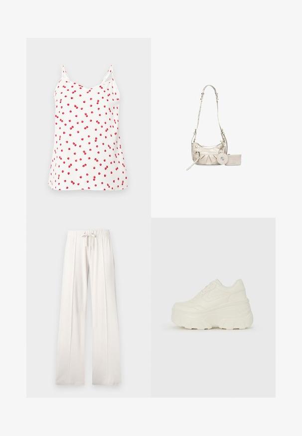 Weißes Trägershirt mit dünnen Trägern, das mit einem roten Kirschmuster bedruckt ist. Weicher Stoff, lockere Passform, V-Ausschnitt und gerader Saum.; Hellbeige Sweatpants aus weichem Stoff, mit einem Kordelzugbund, weitem Bein und vertikalen Nähten, mit einer glatten Textur.; Weiße Platform Sneakers mit einem glatten, lederähnlichen Obermaterial, abgerundeter Form, gepolstertem Kragen und strukturierten Gummisohlen mit ausgeprägten Stollen.; Helle beigefarbene Handtasche mit strukturiertem Design, gefaltetem Vorderteil, silberfarbener Hardware, verstellbarem Tragegurt und abnehmbarem, rundem Münzfach.