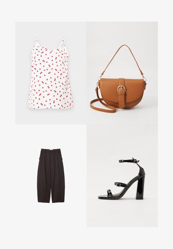 White camisole with thin straps, featuring a red cherry pattern throughout. Soft fabric, relaxed fit, v-neckline, and straight hem.; Black wide-leg trousers made from a smooth fabric, featuring a high waist, front pleats, and side pockets. Simple design without embellishments.; Black patent heeled sandals with a square toe, ankle straps, and silver buckles. Features a chunky block heel for stability.; Brown leather crossbody bag with a curved shape, gold hardware, and a buckle accent. Features a detachable shoulder strap.