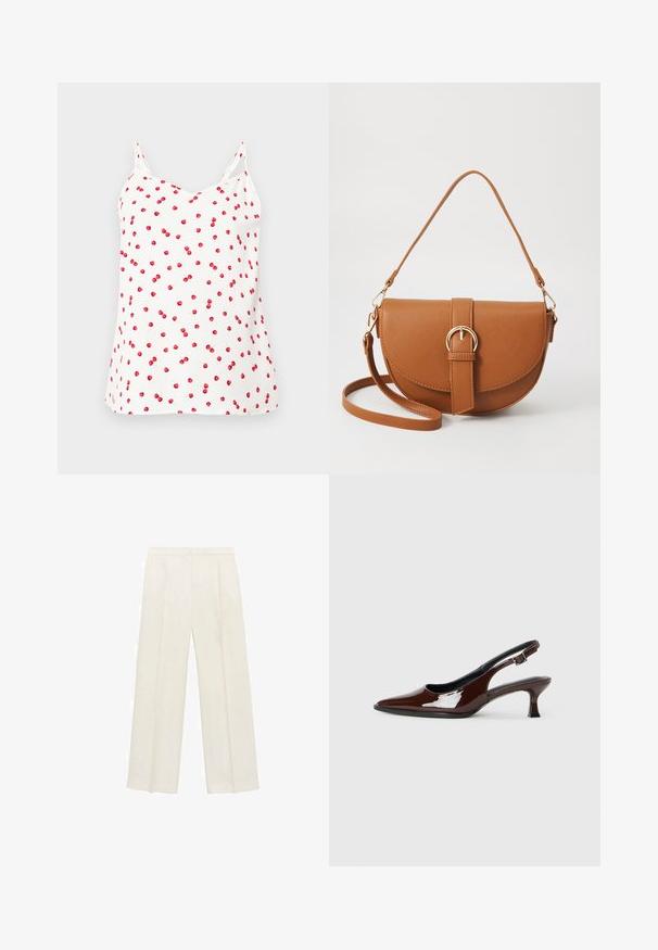 Hvid cami-top med tynde stropper, prydet med et rødt kirsebærmønster over hele stoffet. Blødt materiale, afslappet pasform, v-hals og lige kant.; Bredbenede bukser i en lys cremefarve. Fremstillet af et glat stof med plisseringer foran og sidelommer.; Brun patenteret læder slingback sko med spids tå og en moderat hæl. Har en spænde rem for en sikker pasform. Glat tekstur.; Brun læder crossbody taske med en buet form, guldfarvet hardware og en spændeaccent. Har en aftagelig skulderrem.