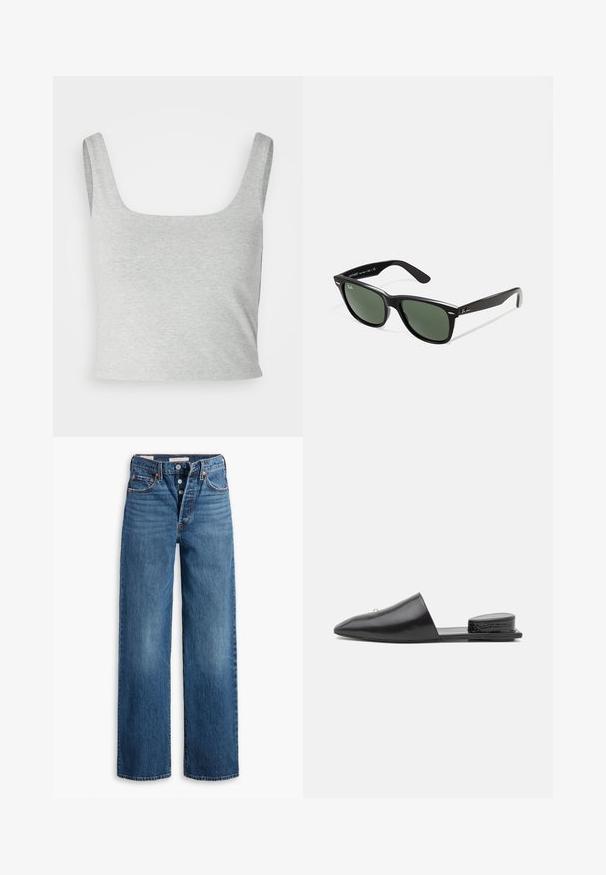 Grauer, verkürzter Tanktop mit breiten Trägern, quadratischer Ausschnitt und weicher, glatter Textur. Einfaches Design ohne zusätzliche Muster oder Akzente.; Blaue Denim-Jeans mit weitem Bein, fünf Taschen, Knopfverschluss und kontrastierenden Nähten. Strukturierter Stoff mit einem verblassten Finish.; Schwarze Leder-Pantoletten mit spitzem Zehenbereich, minimalistischen Design und strukturiertem Akzent an der Ferse. Glatte Oberfläche und flache Sohle.; Schwarze Plastiksonnenbrille mit grünen Gläsern, quadratischen Rahmen, silbernem Akzent auf der Augenbraue und strukturierten Bügeln. Angegebene Marke auf dem inneren Bügel.; Braune Lederhandtasche mit strukturiertem Design, obigem Griff, abnehmbarem Schulterriemen, silberfarbenen Beschlägen und glatter Textur.