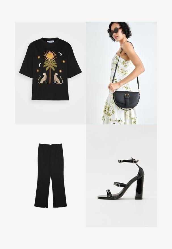 Sort bomulds-t-shirt med et centralt palmetrædesign, flankeret af to leoparder samt sol- og månegrafik i gyldne og cremefarvede nuancer.; Sorte bukser med lige pasform, der har frontlommer og slidser i kanten. Lavet af blødt, glat stof. Velegnet til forskellige anledninger.; Sorte patenterede hælsandaler med firkantet tå, ankelremme og sølvspænder. Har en chunky blokHæl for stabilitet.; Sort læderhåndtaske med en buet form, aftagelig rem og guldfinish. Tasken har en klap med en spænde detalje.