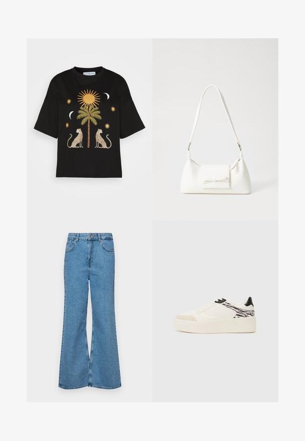 Svart bomullst-skjorte med et sentralt palmetre-design, flankert av to leoparder, sol- og måne-grafikk i gull- og kremtoner.; Lyseblå vide jeans laget av denim, med høyt liv, fem lommer og en enkelt knappelukking. Myk tekstur med falmet finish.; Even&Odd Joggesko - white/black; Hvit syntetisk håndveske med trekantet form, flat klaff foran og sløyfe detaljer, justerbar stropp, glatt tekstur og minimalistisk design.