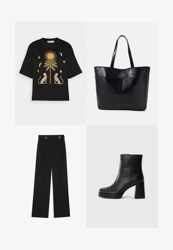 Mustan puuvillapaita, jossa on keskeinen palmupuun kuva, jota ympäröivät kaksi leijonaa sekä auringon ja kuun grafiikoita kultaisissa ja kermansävyissä.; Mustat leveälahkeiset housut, joissa on korkea vyötärö, napit vyötärönauhassa ja etupuolella laskokset.; Musta nahkasaapas nilkkapituisena, jossa on paksu korko ja alustapohja, nähtynä sivulta yksinkertaisella valkoisella taustalla.; Musta nahkainen kassi, jossa on kaksi pitkää kahvaa, sileä pinta ja jämäkkä muoto. Sisältää etutaskun lisävarastointia varten.