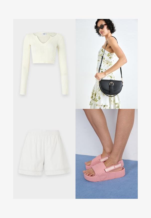 Kratki top od pamučne pređe u off-white boji. Dugi rukavi s rebrastom teksturom i malim izrezima oko dekoltea.; Bijele lanene hlačice s elastičnim pojasom, opuštenim krojem i ukrasnom čipkastom završetkom. Glatka tekstura i ležeran dizajn.; Ružičaste gumene sandale za klizanje s teksturiranom gornjom stranom, podesivim remenom i debelim potplatom, prikazujući valovite uzorke i logo branda sa strane.; Crna kožna torba s lukovitim oblikom, odvojivim remenom i zlatnim detaljima. Torba ima preklop s kopčom.