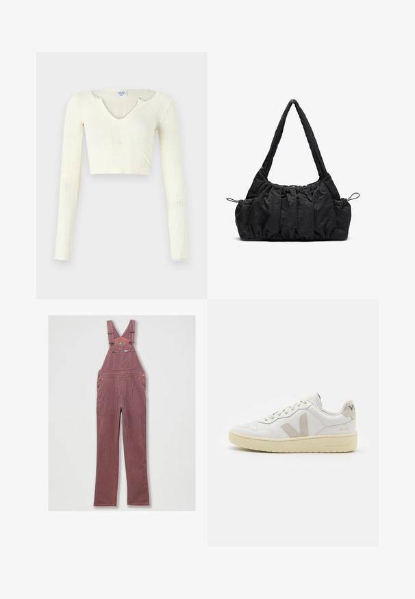 Kratka majica iz off-white pletenine. Dolgi rokavi z rebrastim vzorcem in manjšimi izrezi okoli izreza.; Denim overal s rdečimi črtami z nastavljivimi naramnicami, velikim sprednjim žepom in stranskimi žepi. Opremljen je z kovinskimi elementi in šivanim robom.; Bela usnjena tenisača z bež semiš poudarki, perforiranim prednjim delom, ravnimi vezalkami in strukturiranim kremnim podplatom. Ima diskretno blagovno znamko na peti.; Črna tkanina torbica z nabranim teksturo, dvema naramnicama in zategovanjem na straneh. Gladek, lahkoten material.