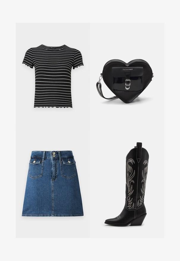 Zwarte ribbel top met korte mouwen en witte horizontale strepen. Golvende mouw- en halslijndetails accentueren het ontwerp. Geschikt voor casual kleding.; Denim rok in diepblauw, met een aansluitende tailleband, twee voorzakken, twee achterzakken en sluitingen met zilverkleurige knopen.; Zwarte leren cowboylaarzen met spitse neuzen, wiggenhakken en zilver geborduurde bloemmotieven langs de schacht. Contrasterende stiksels overal.; Zwarte hartvormige tas van patenta leder met een voorvak met een gesp-sluiting en een afneembare schouderriem. Accenten van zilver hardware.