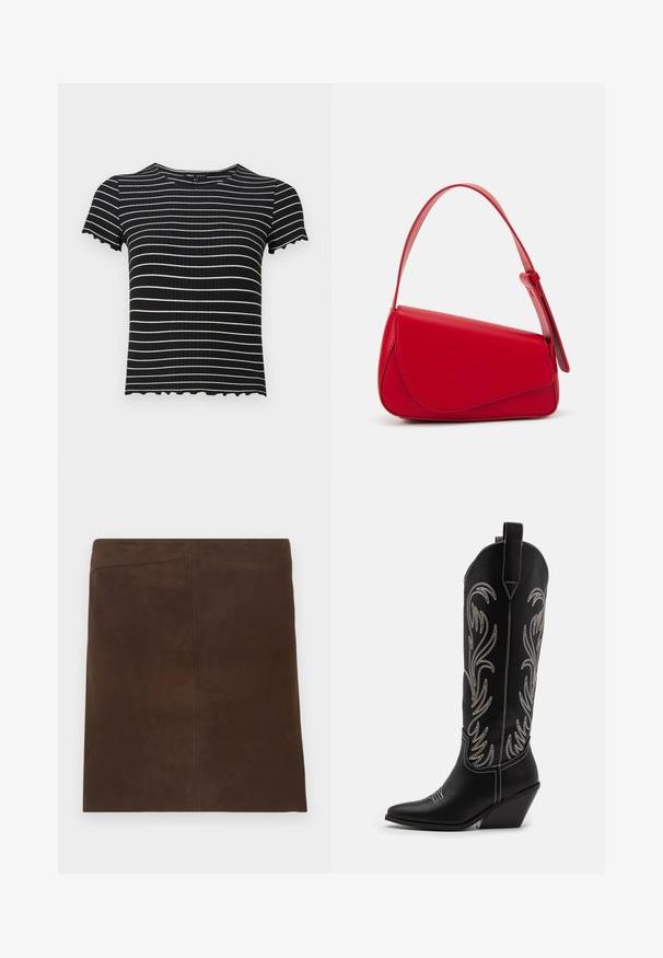 Top corto a maniche corte nero a coste con strisce orizzontali bianche. I dettagli con bordi ondulati ai polsini e al collo arricchiscono il suo design. Adatto per un abbigliamento casual.; Mini gonna in suede marrone con un design pulito e semplice. Presenta una forma dritta e cuciture verticali senza cuciture per un dettaglio minimale.; Stivali da cowboy in pelle nera con punte affusolate, tacchi a zoccolo e motivi floreali ricamati in argento lungo il gambale. Cuciture a contrasto in tutto lo stivale.; Borsa a tracolla in pelle rossa con un design angolare e geometrico. Presenta una singola tracolla regolabile e una chiusura a patta con dettagli cuciti.